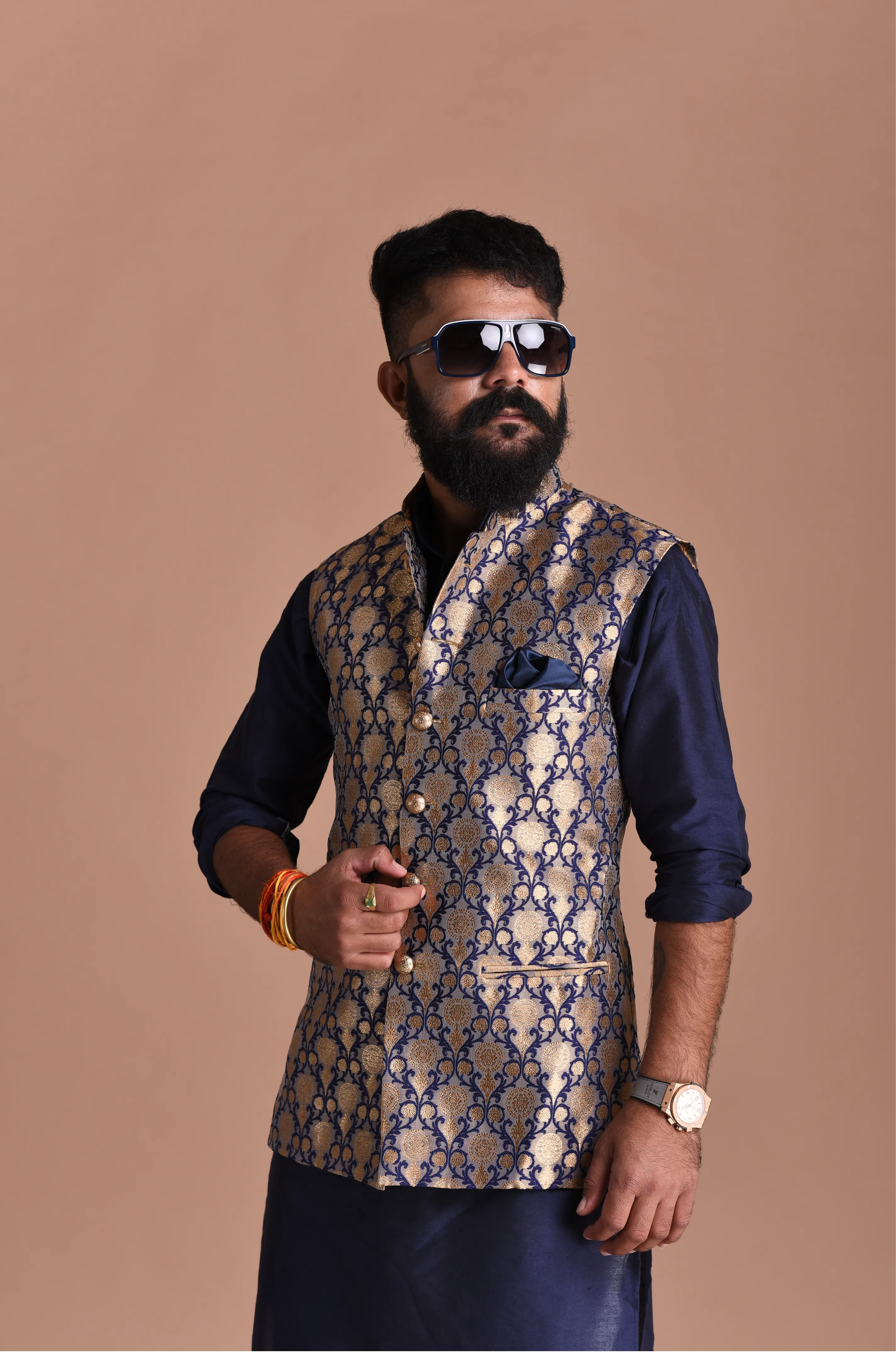 Diamond Pattern Brocade Silk Navy Blue Golden Jacket With Kurta Pajama