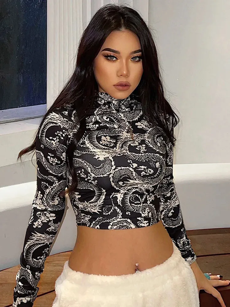 Dragon Printed Long Sleeve High Collar Crop Top