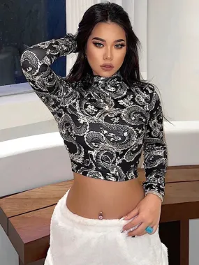 Dragon Printed Long Sleeve High Collar Crop Top