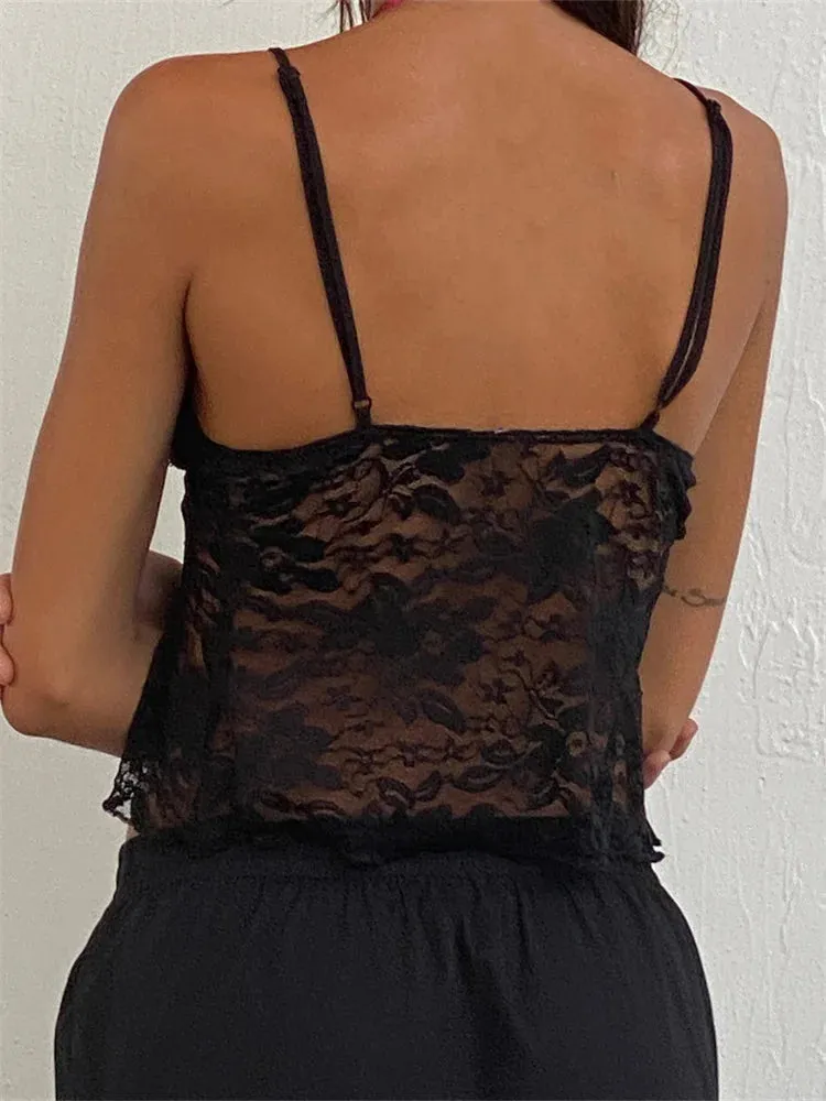 FashionSierra - 2024 Lace Camis Spaghetti Strap Irregular Hem Tank V-neck Mesh See Through Summer Vest Crop Tops