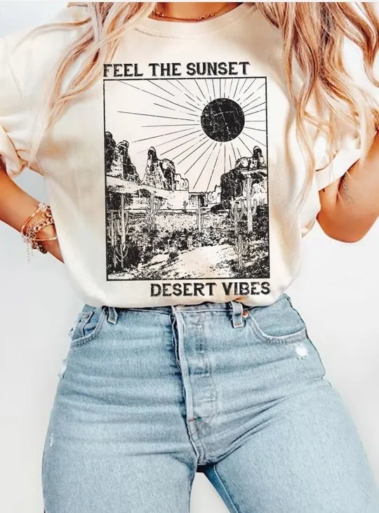 Feel The Sunset Desert Vibes Cotton Graphic Tee - Natural