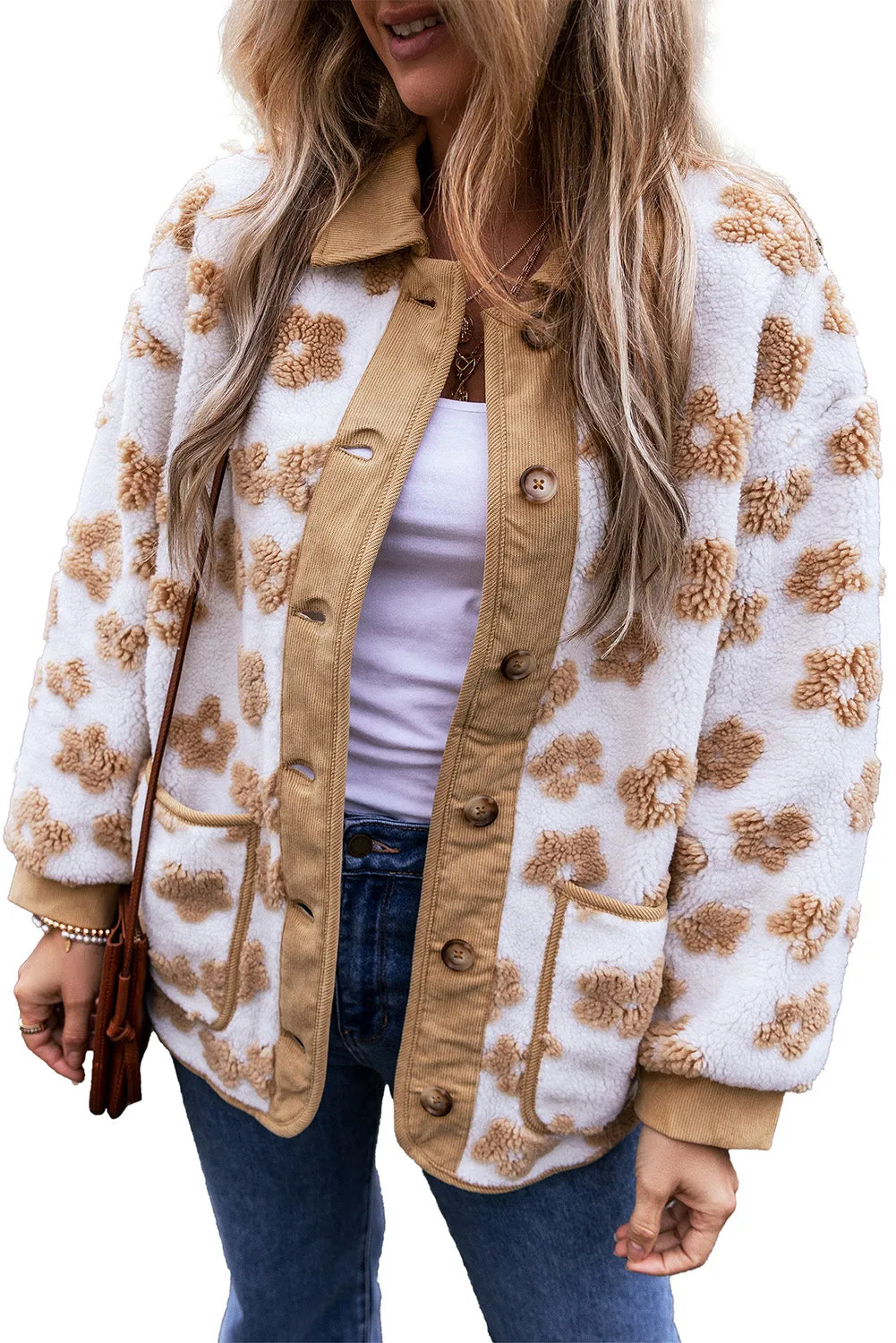 Flower Pattern Button Up Fleece Jacket