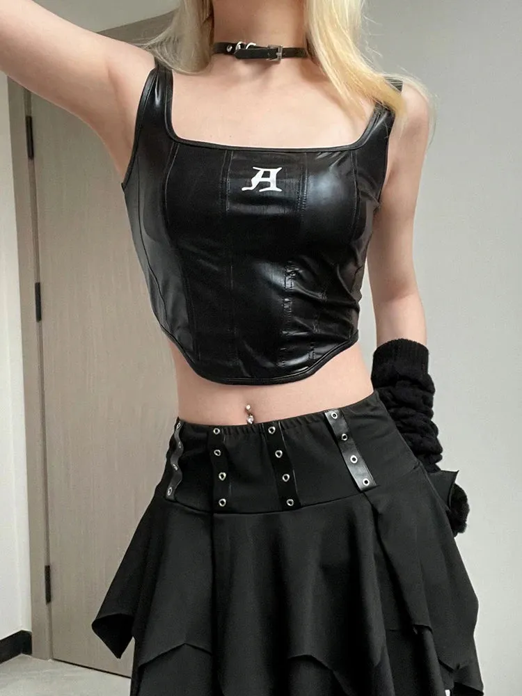 Gothic Casual Streetwear PU Tank Top Black Crop Top