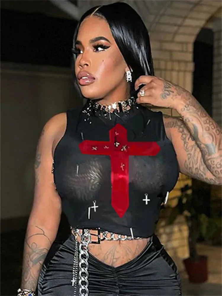 Gothic Through See Sexy Mesh Crosses Metal Crop Top