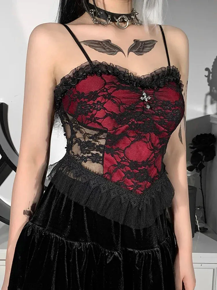 Gothic Y2K Crop See Lace Patchwork Zipper Aesthetic Vintage Through Backless Top