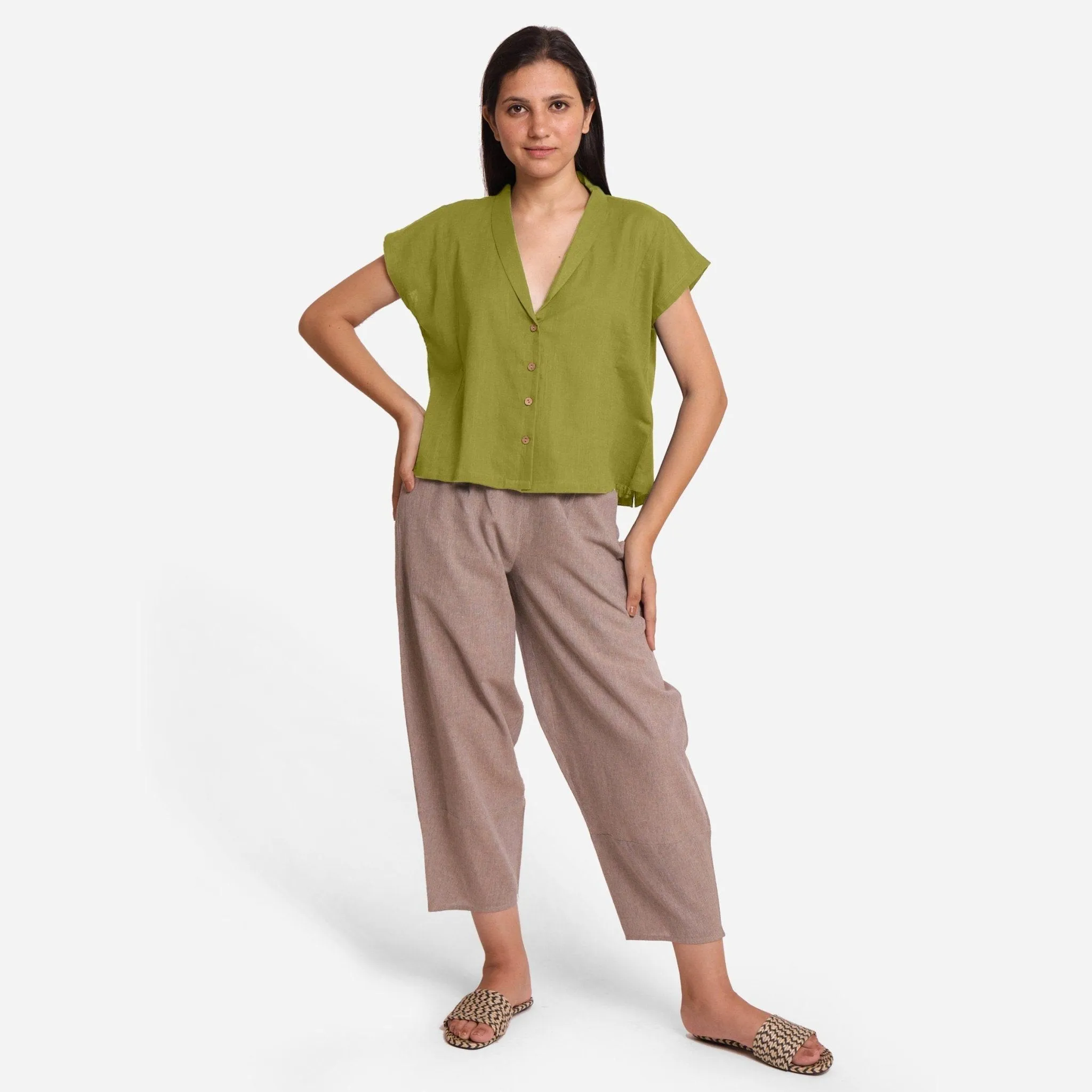 Green Shawl Collar Button-Down Cotton Crop Top