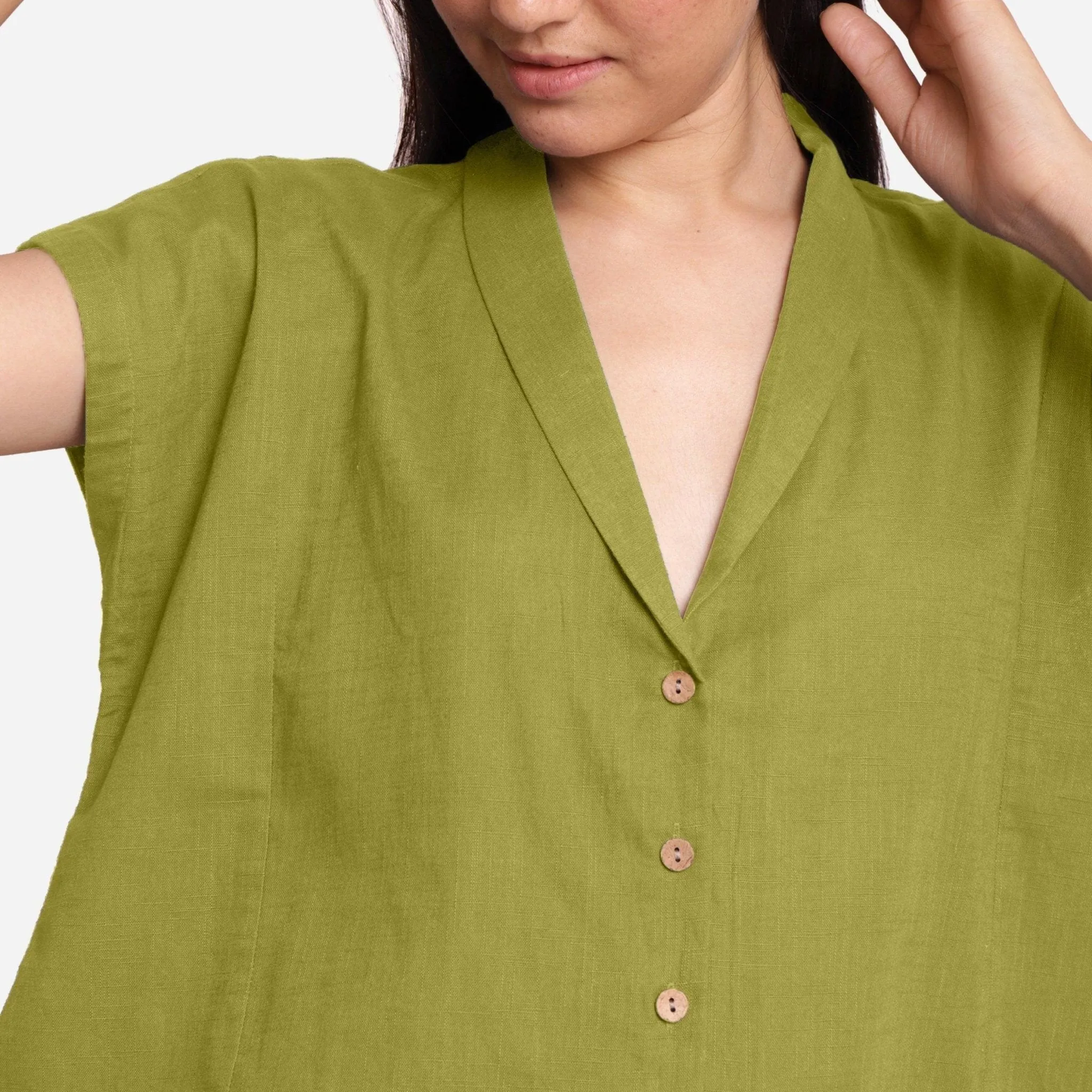 Green Shawl Collar Button-Down Cotton Crop Top