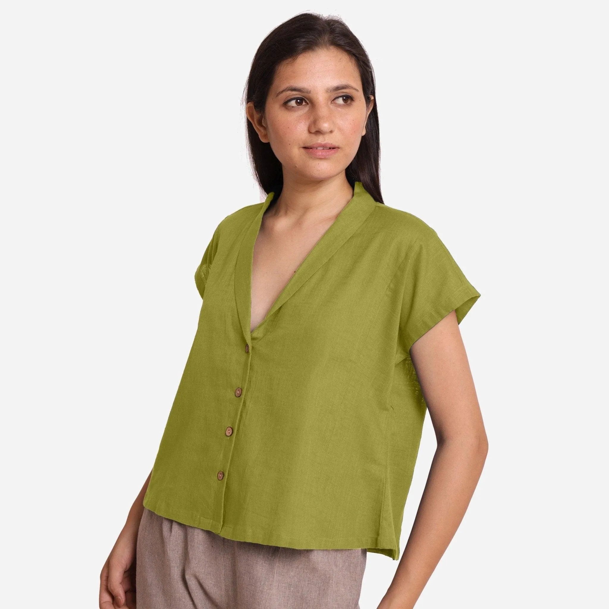 Green Shawl Collar Button-Down Cotton Crop Top