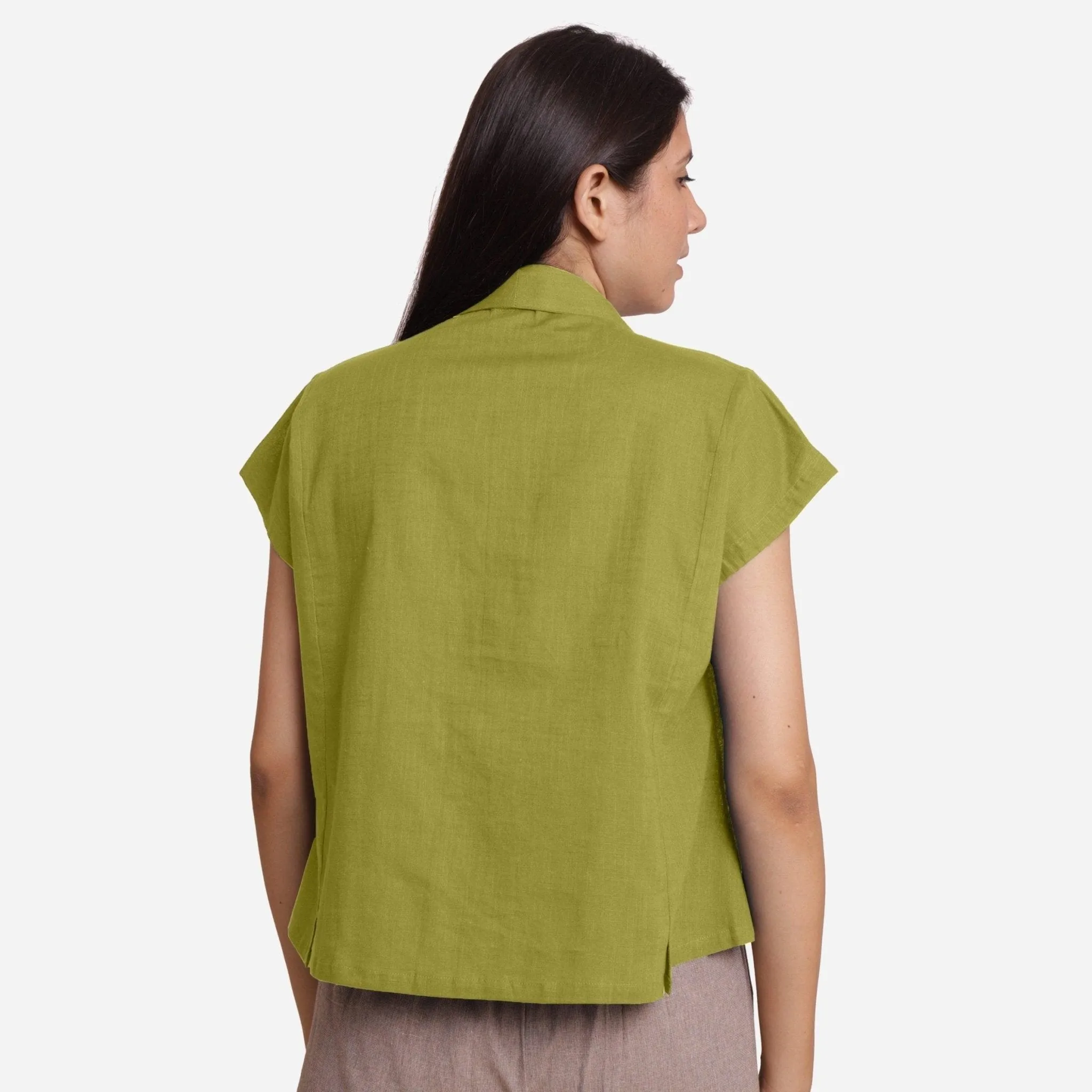 Green Shawl Collar Button-Down Cotton Crop Top