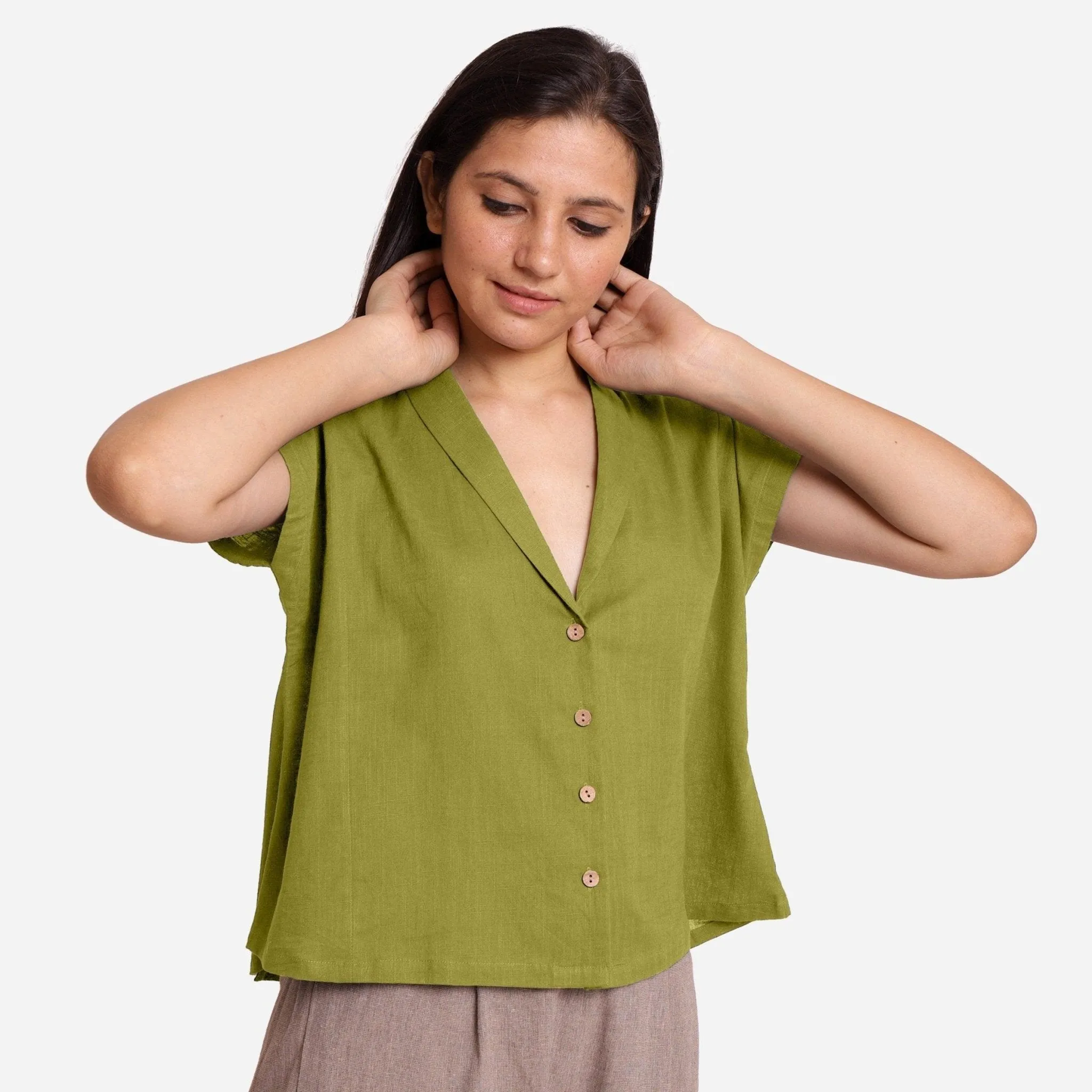 Green Shawl Collar Button-Down Cotton Crop Top