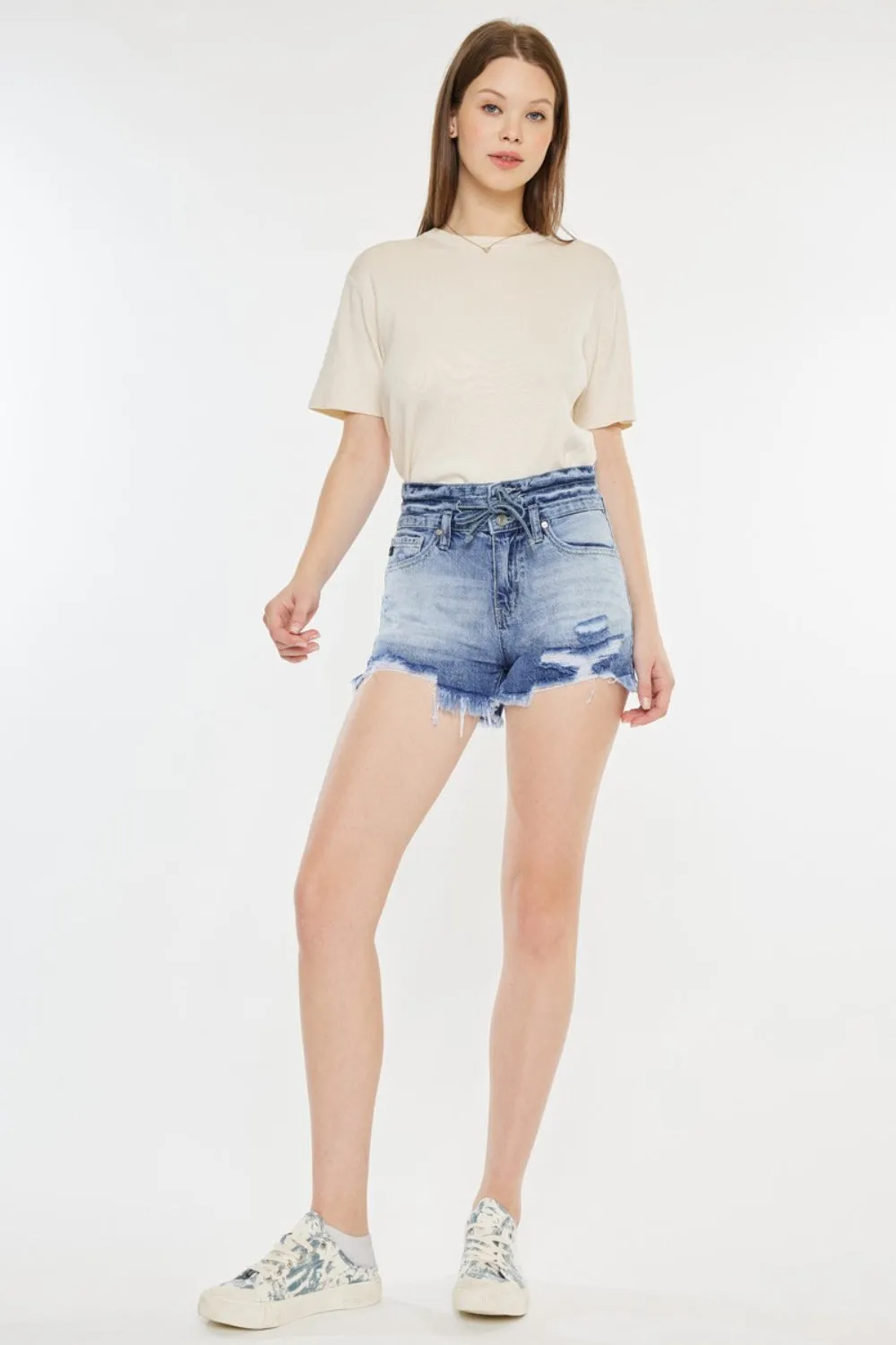 High Rise Frayed Hem Denim Shorts