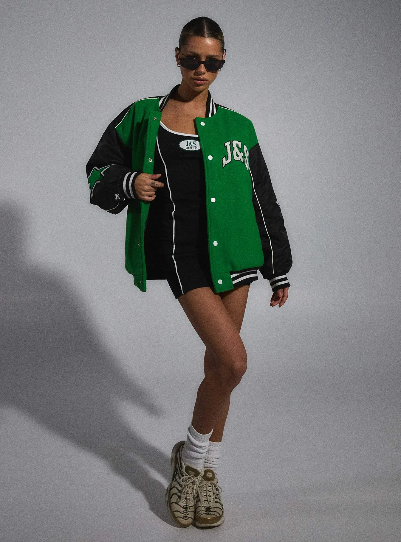 JGR & STN Hailey Letterman Bomber Jacket Green/Black