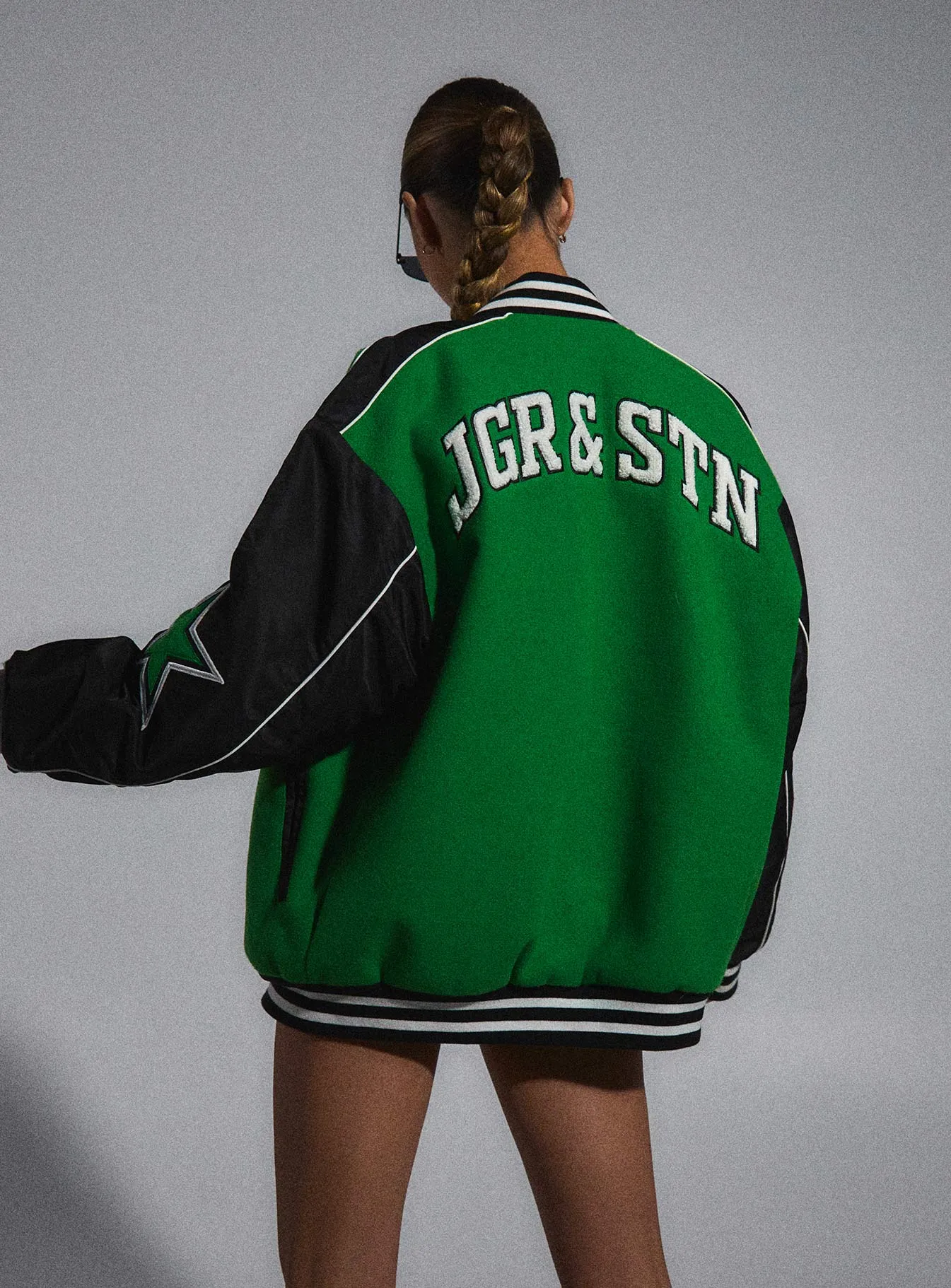 JGR & STN Hailey Letterman Bomber Jacket Green/Black