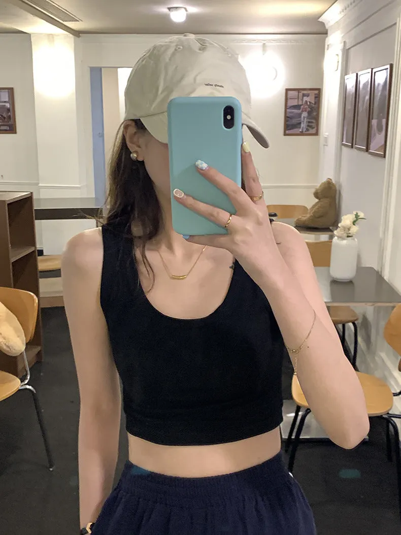 [Korean Style] 3 Colors Soft & Stretchy U-Neck Crop Tank Top