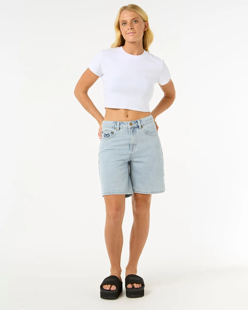 Las Dalias Relaxed Denim Shorts in Vintage Blue