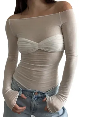 Long Sleeve Shoulder Gauze Slim Versatile Crop Top