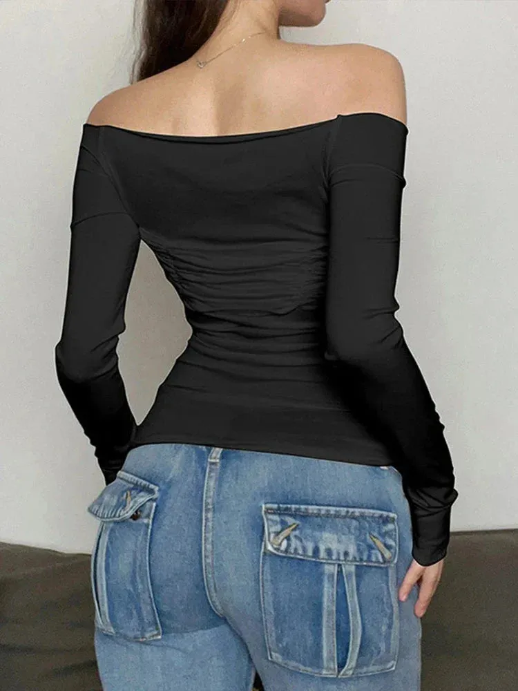 Long Sleeve Shoulder Gauze Slim Versatile Crop Top