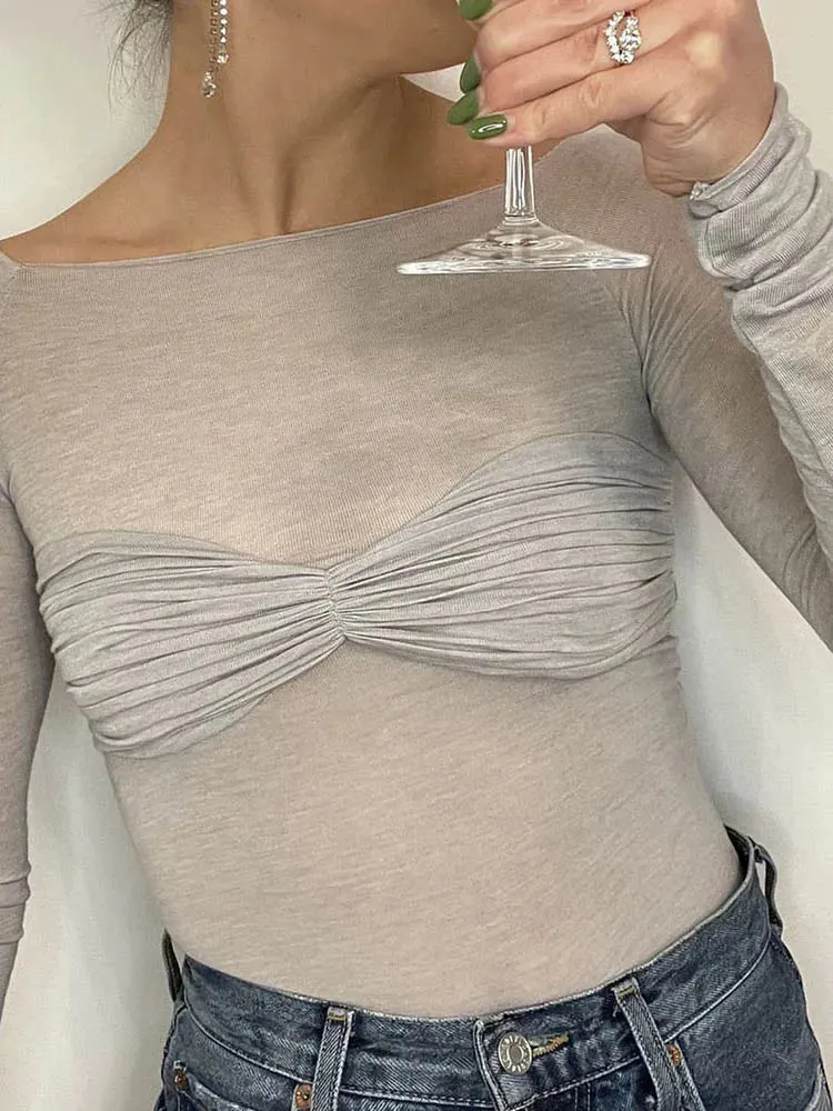 Long Sleeve Shoulder Gauze Slim Versatile Crop Top