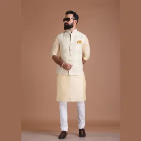 Lucknowi Heavy Chikankaari Off-White Nehru Jacket With Kurta Pajama Set