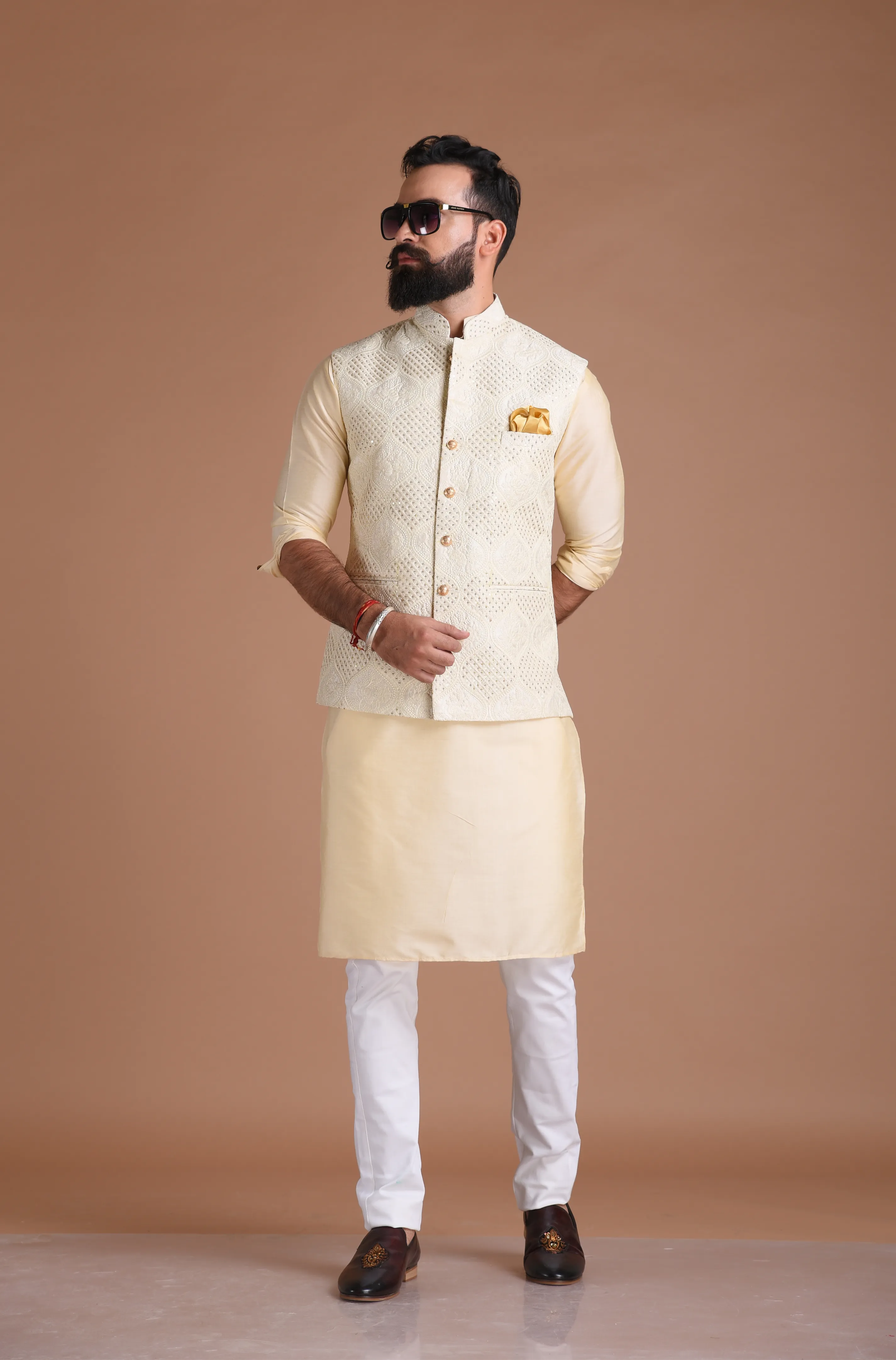 Lucknowi Heavy Chikankaari Off-White Nehru Jacket With Kurta Pajama Set