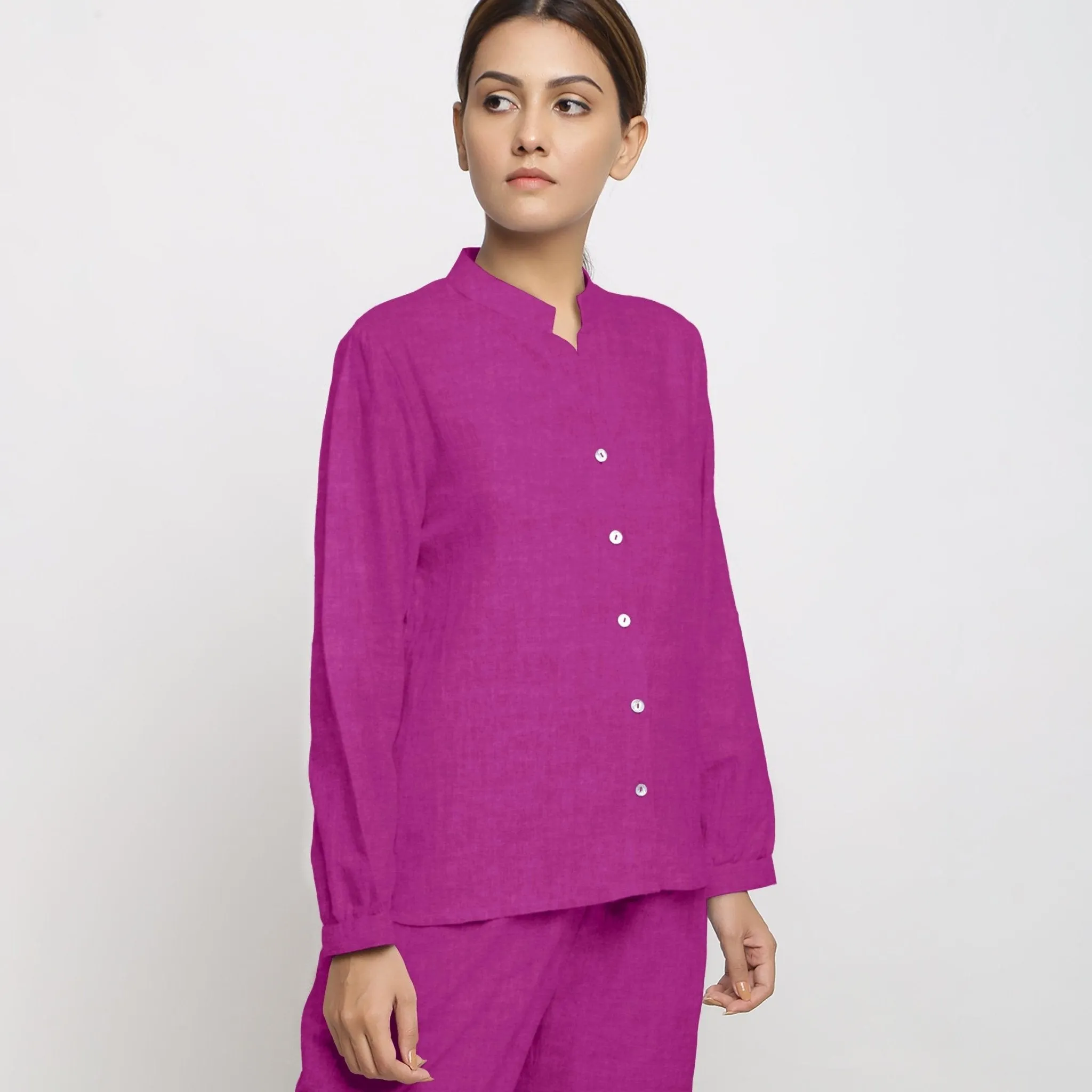 Magenta 100% Linen Mandarin Collar Cuff Sleeve Shirt