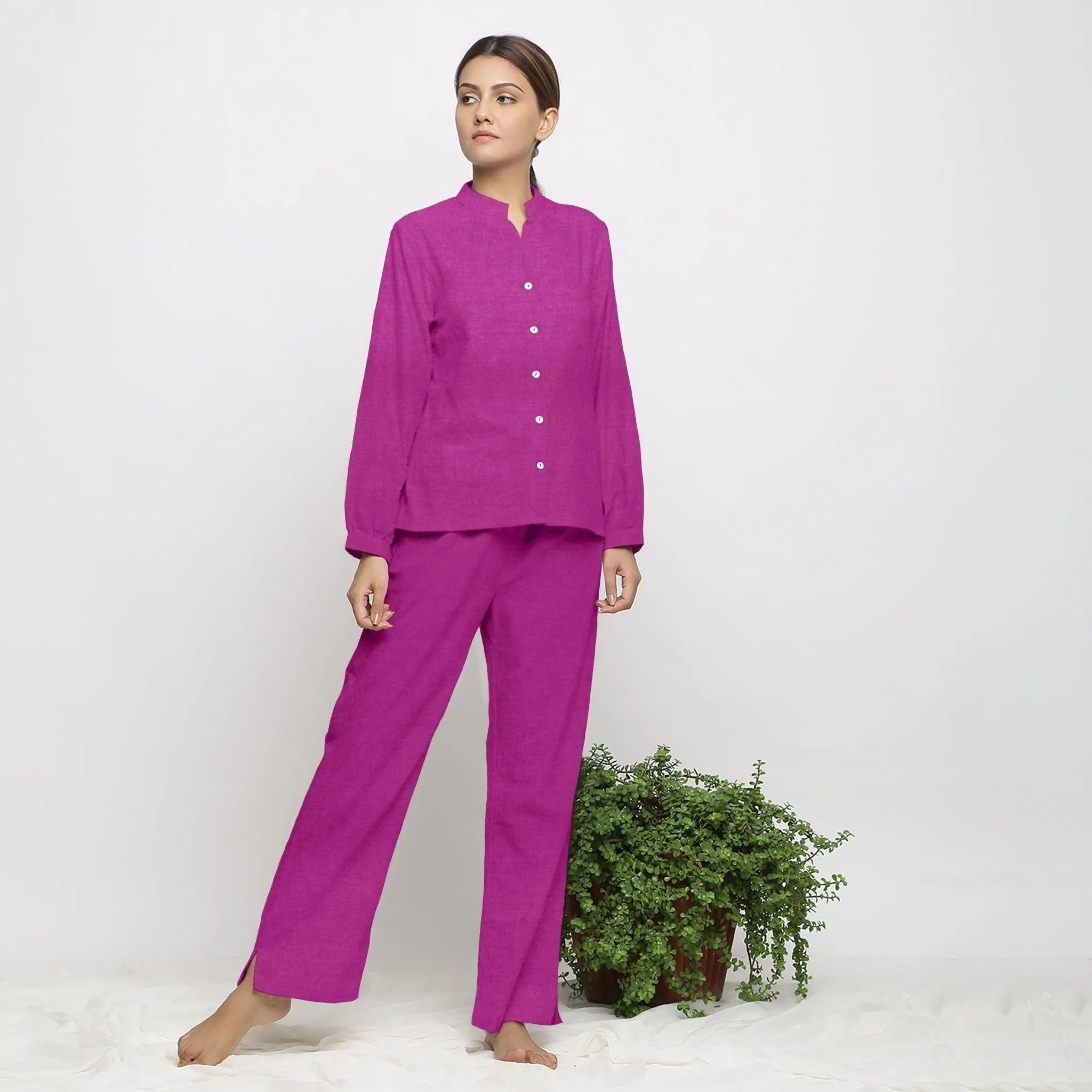 Magenta 100% Linen Mandarin Collar Cuff Sleeve Shirt