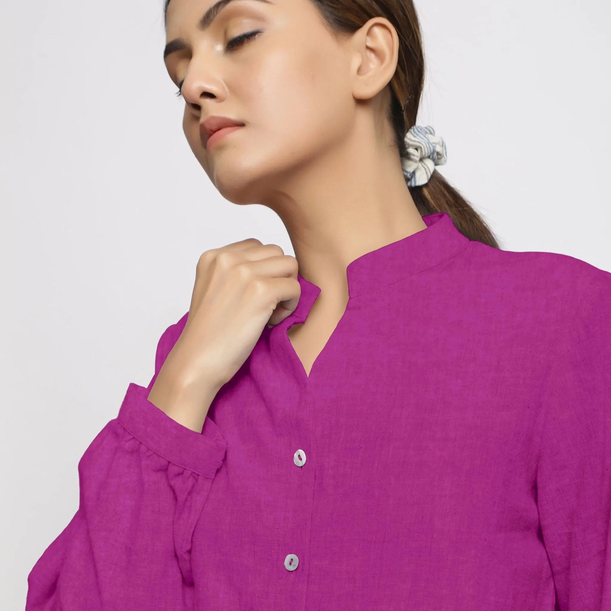 Magenta 100% Linen Mandarin Collar Cuff Sleeve Shirt