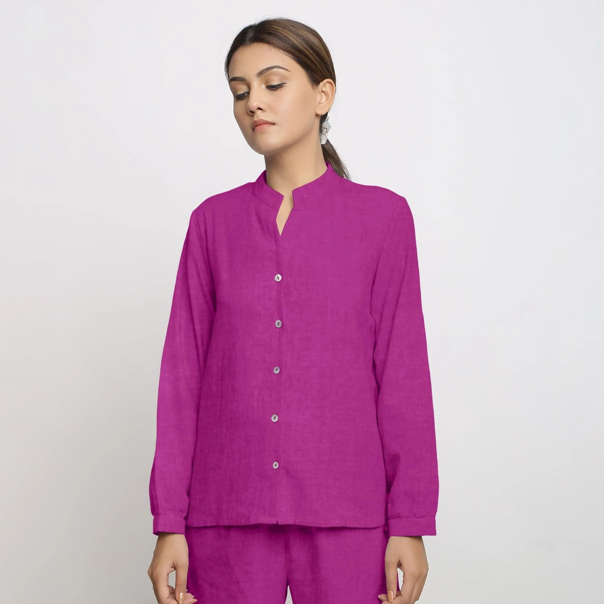 Magenta 100% Linen Mandarin Collar Cuff Sleeve Shirt