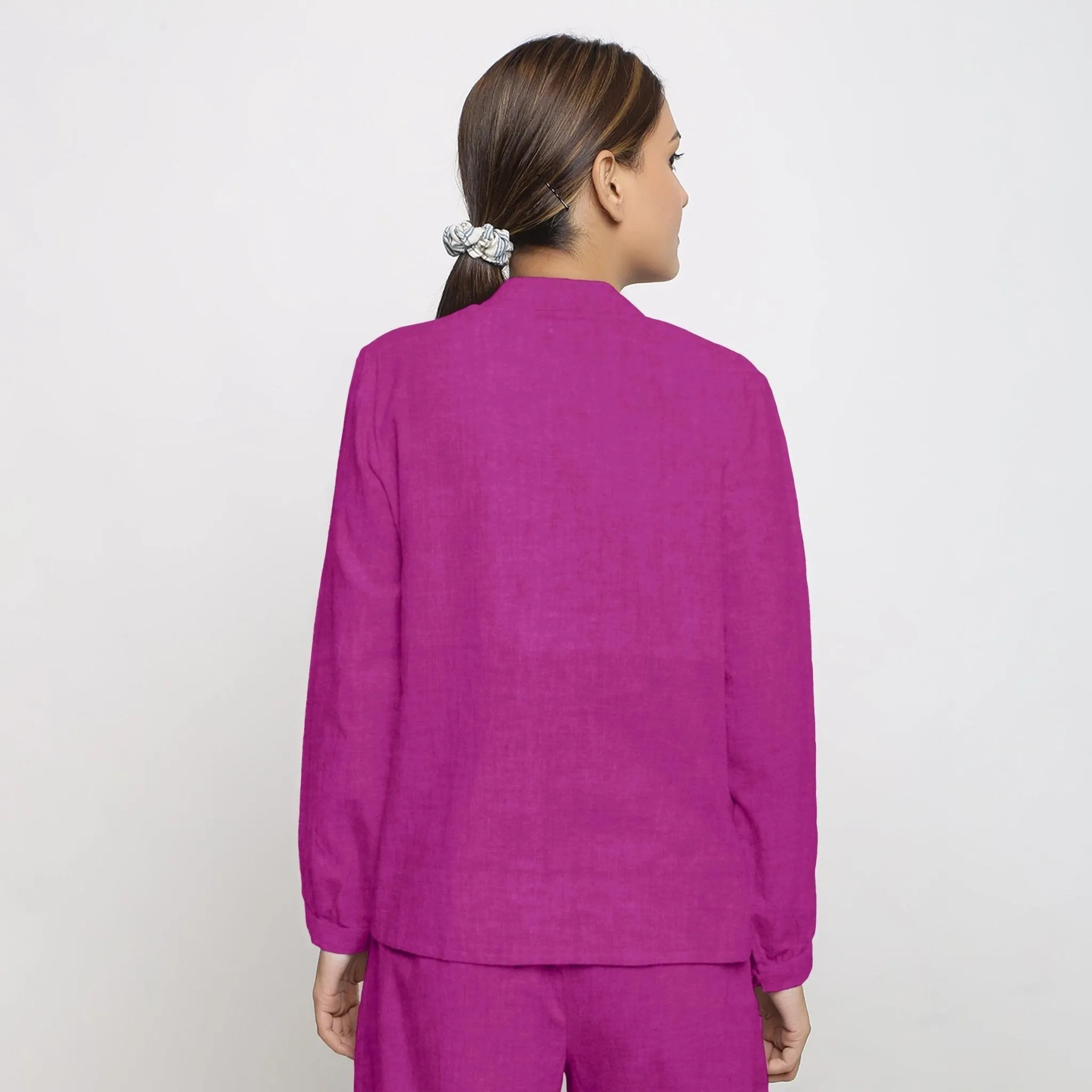 Magenta 100% Linen Mandarin Collar Cuff Sleeve Shirt