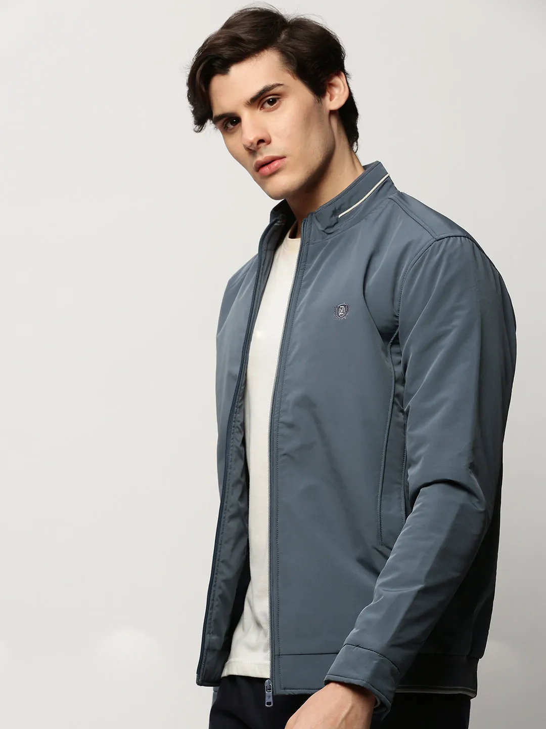 Men Blue Solid Casual Bomber Jackets