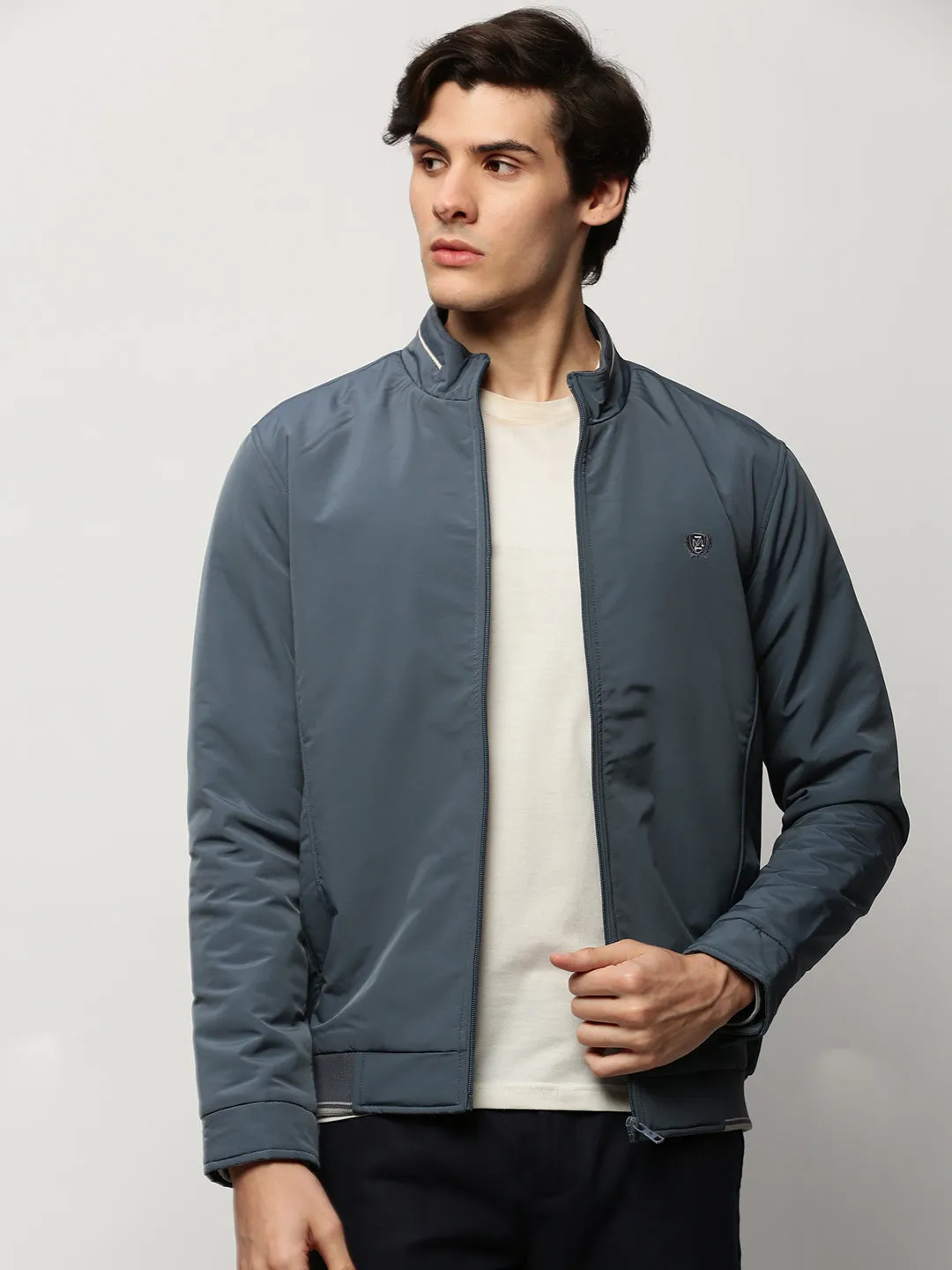 Men Blue Solid Casual Bomber Jackets