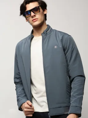 Men Blue Solid Casual Bomber Jackets