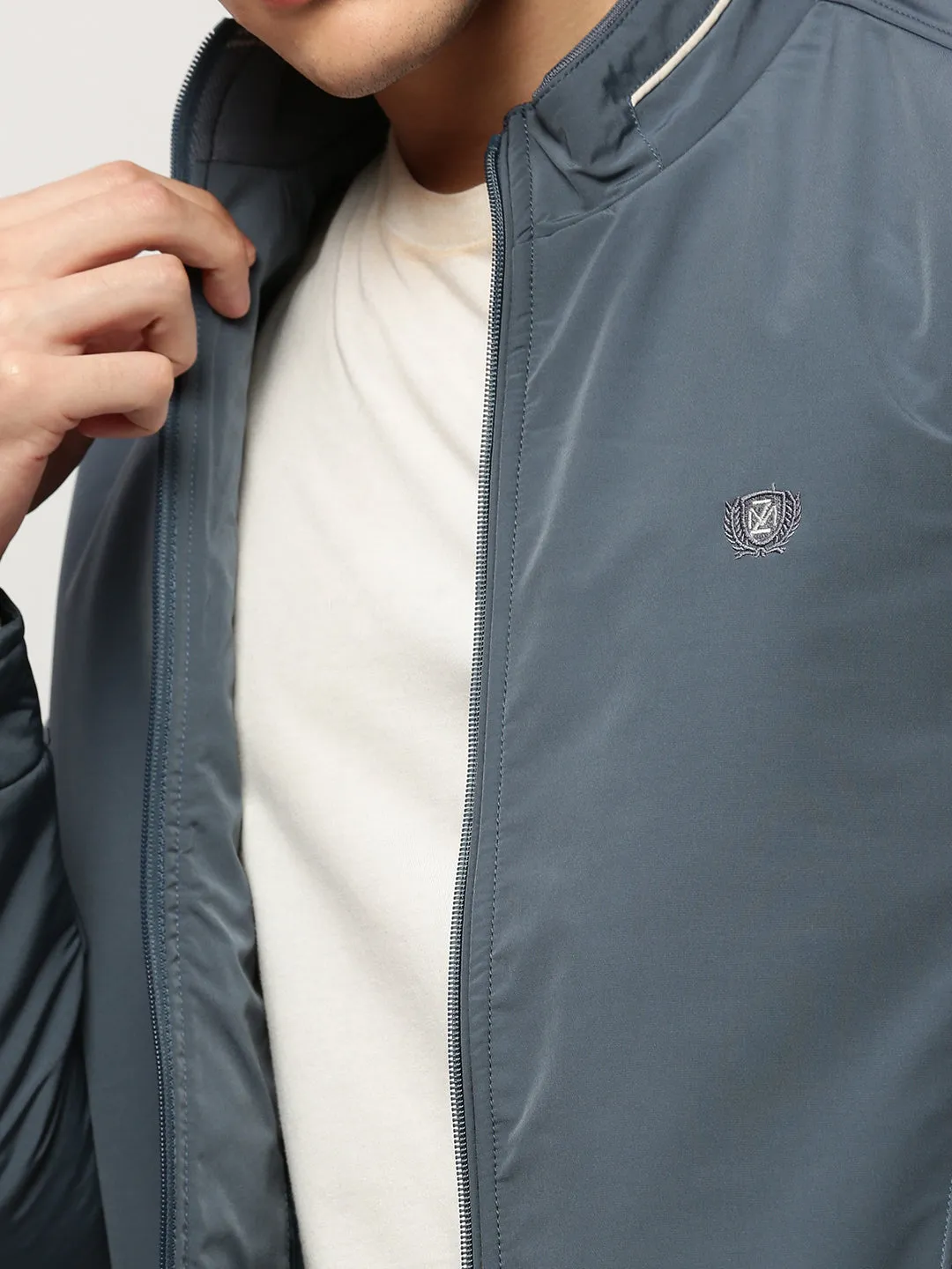 Men Blue Solid Casual Bomber Jackets