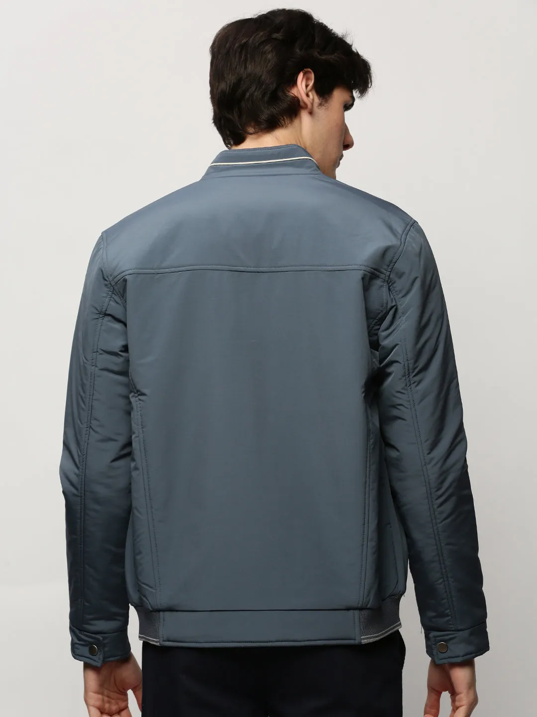 Men Blue Solid Casual Bomber Jackets