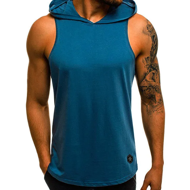 Men Hoodies Tank Top Sleeveless Muscle Gym Sport Slim Vest Bodybuilding Hooded Hip Hop Streetwear Workout Elastic Men Tank Top