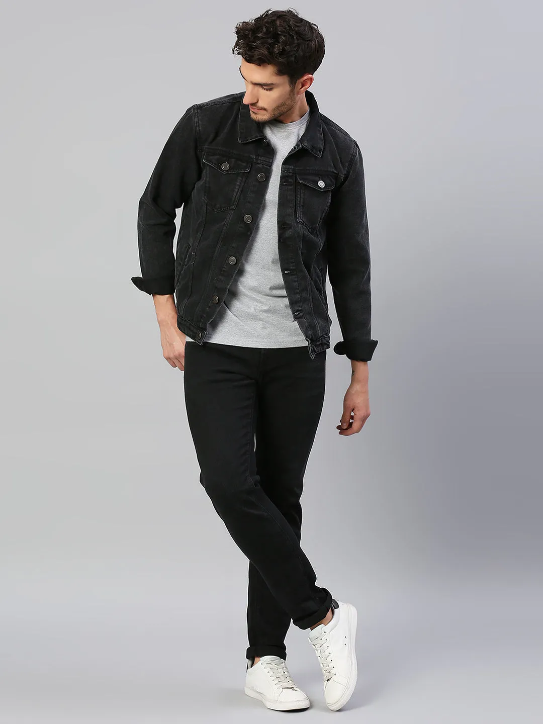 Men's Regular Fit Long Sleeve Button Down Denim Jacket (Washed Black)