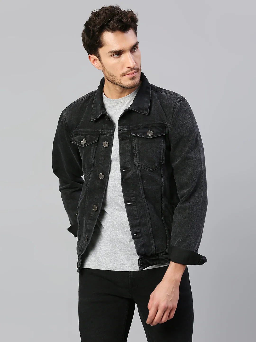 Men's Regular Fit Long Sleeve Button Down Denim Jacket (Washed Black)