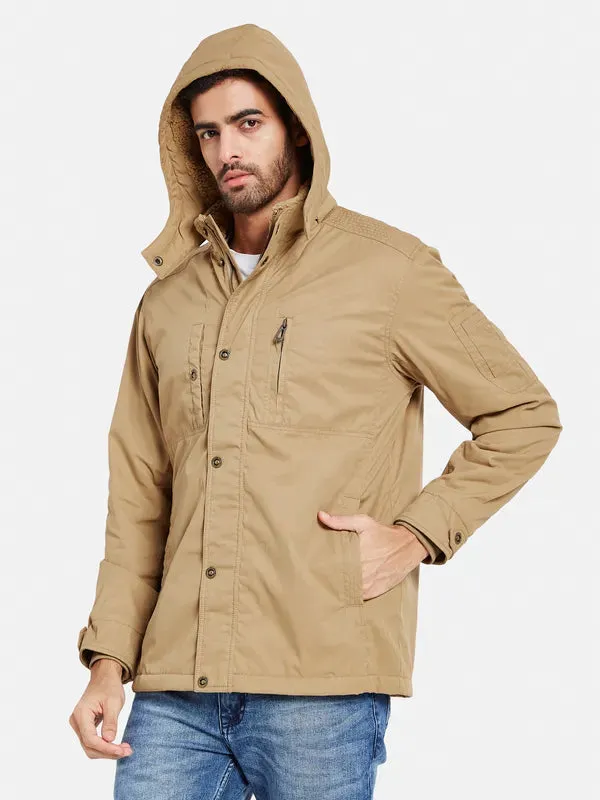 Mettle Men Khaki Striped Longline Denim Jacket