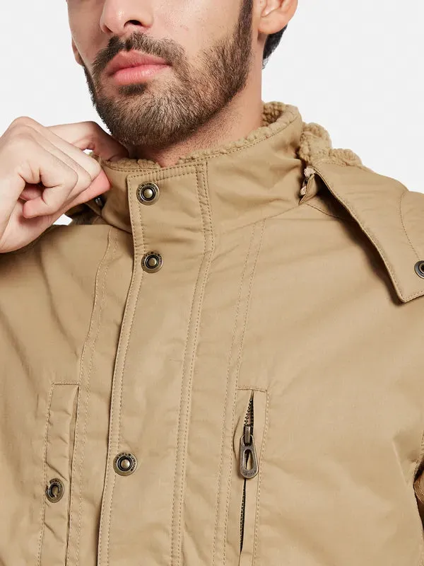 Mettle Men Khaki Striped Longline Denim Jacket