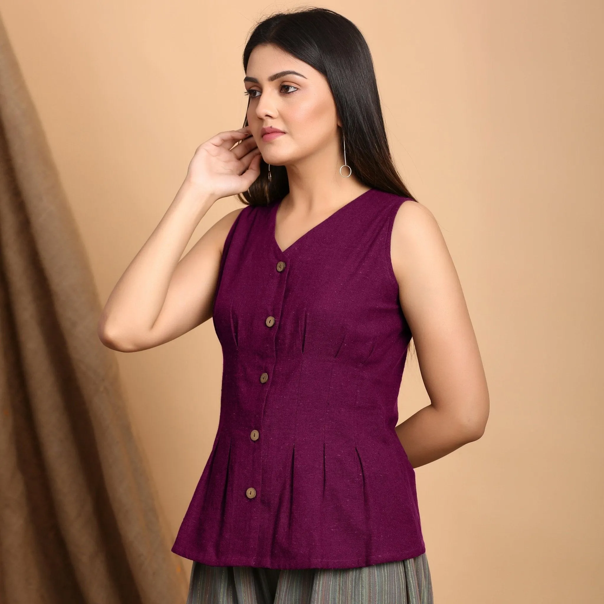 Mulberry Button Down Cotton Pleated Cotton Top