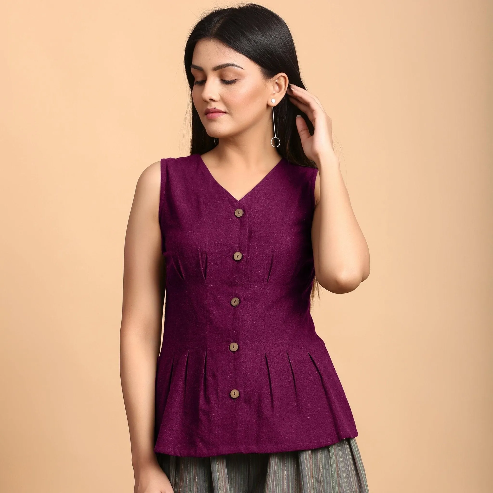 Mulberry Button Down Cotton Pleated Cotton Top