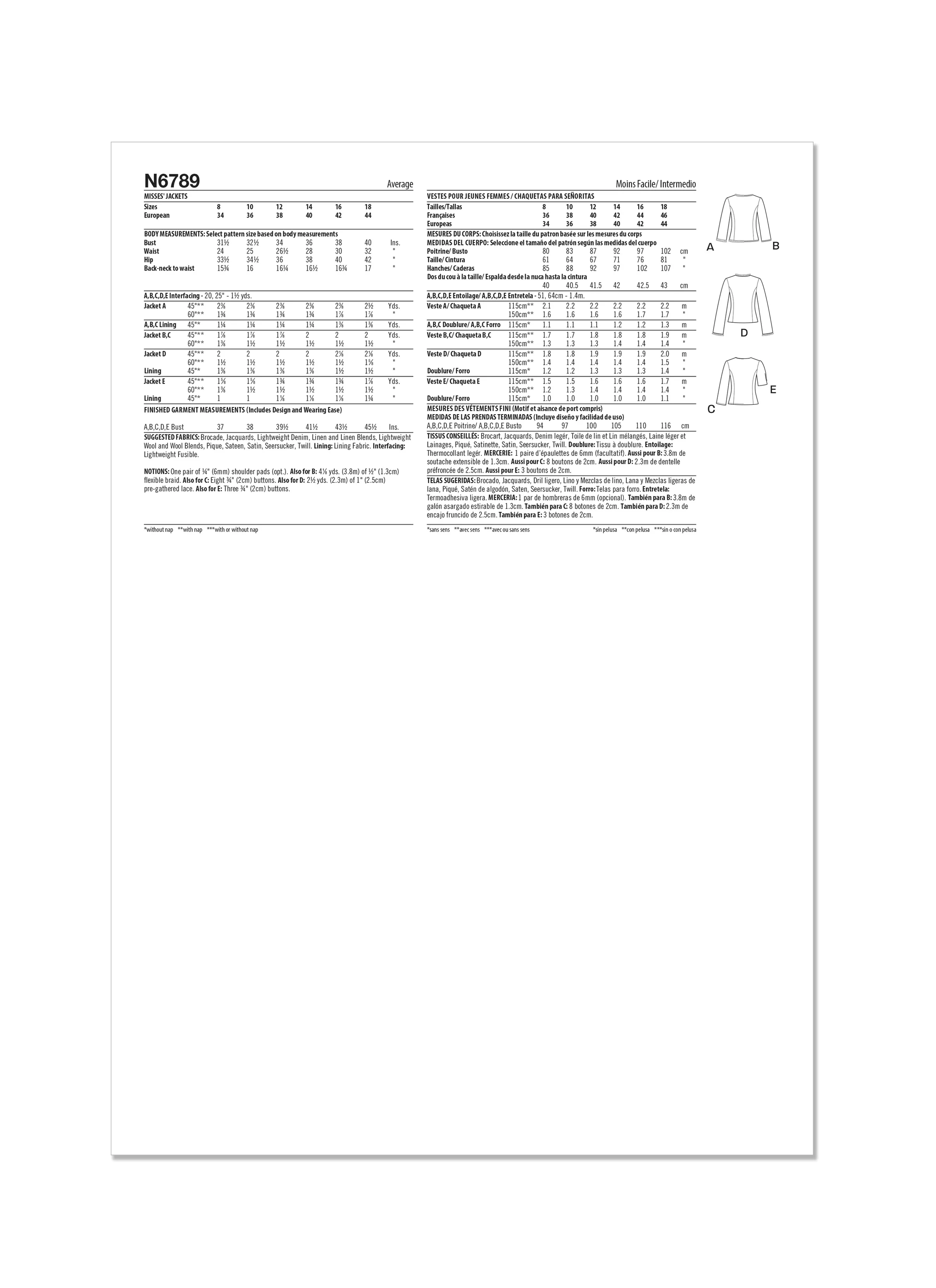 New Look sewing pattern 6789 Misses' Jackets