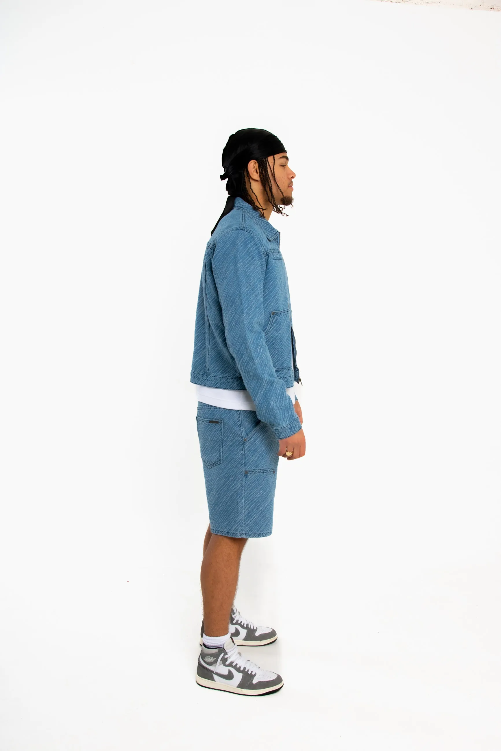 Oversized Pinstripe Jacquard Denim Shorts