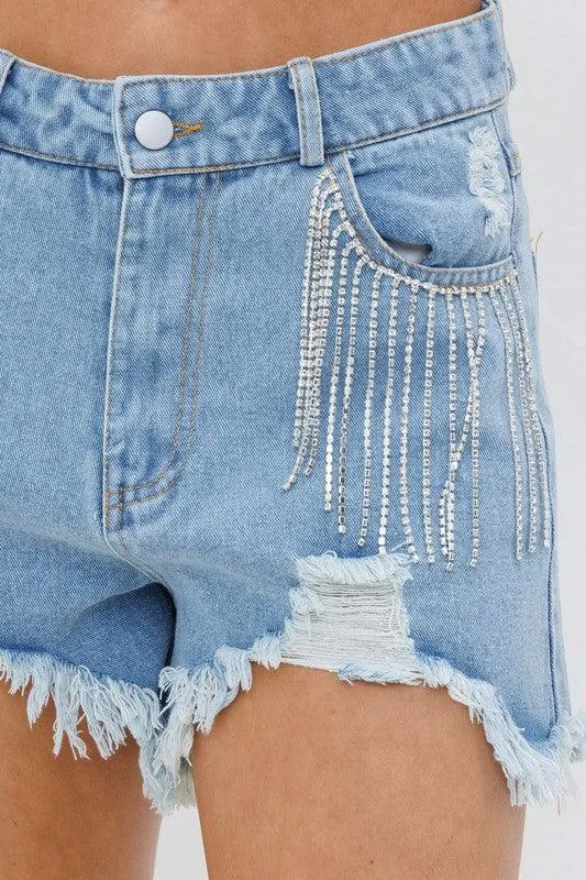 Pink Frayed Rhinestone Denim Shorts