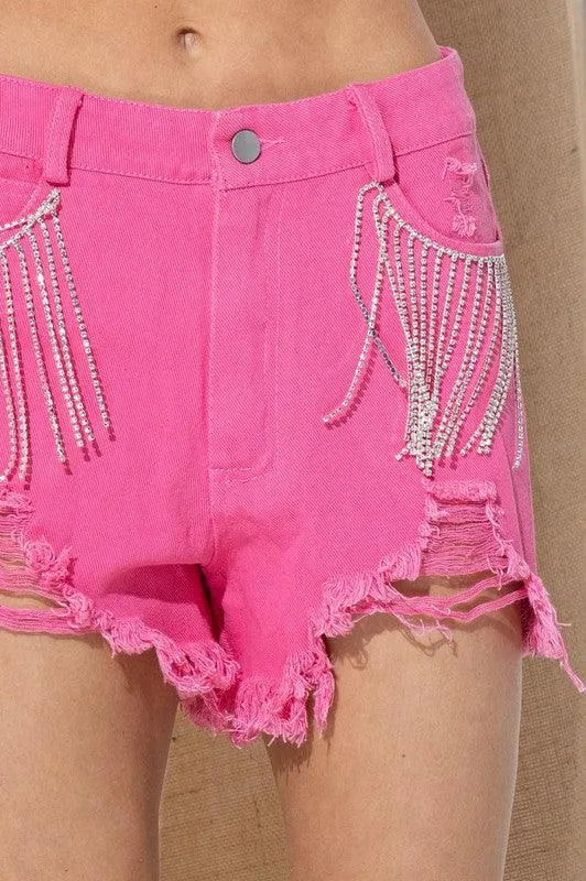 Pink Frayed Rhinestone Denim Shorts