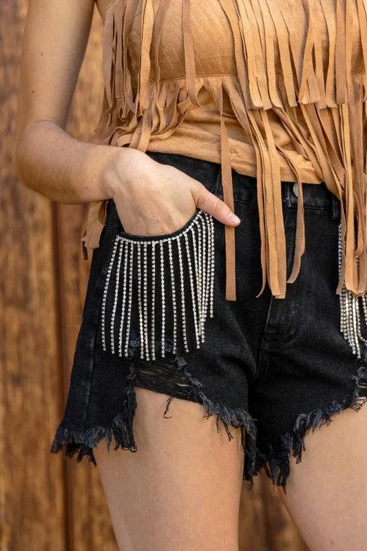 Pink Frayed Rhinestone Denim Shorts