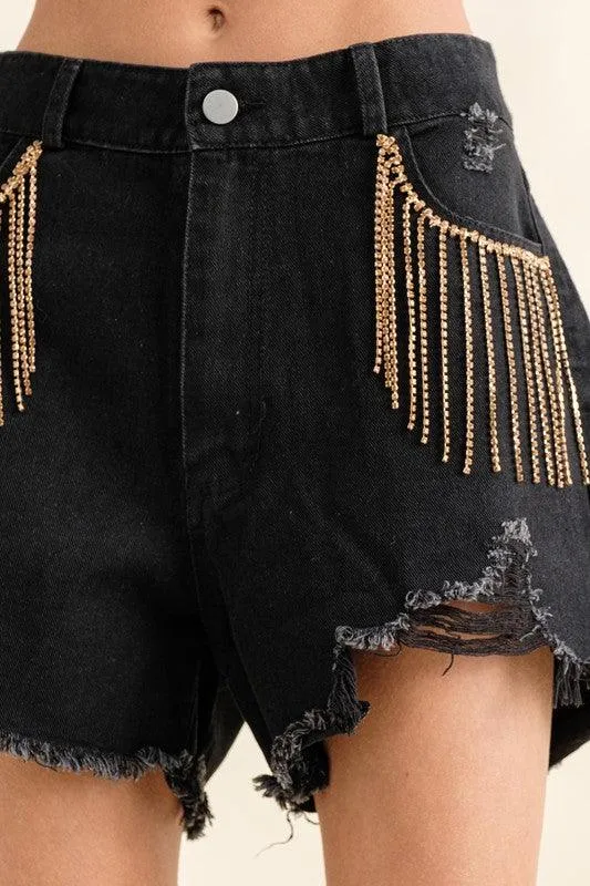 Pink Frayed Rhinestone Denim Shorts