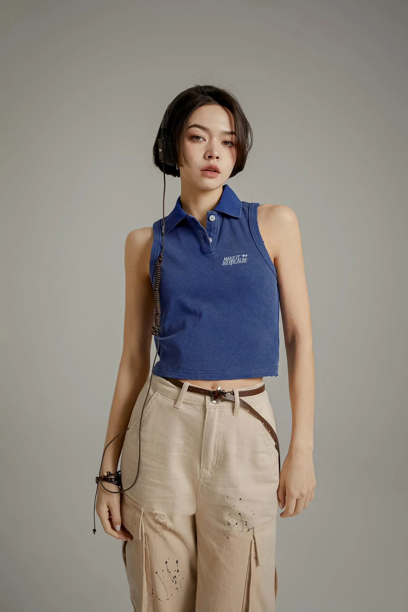 Polo Neck Button Sleeveless Crop Top