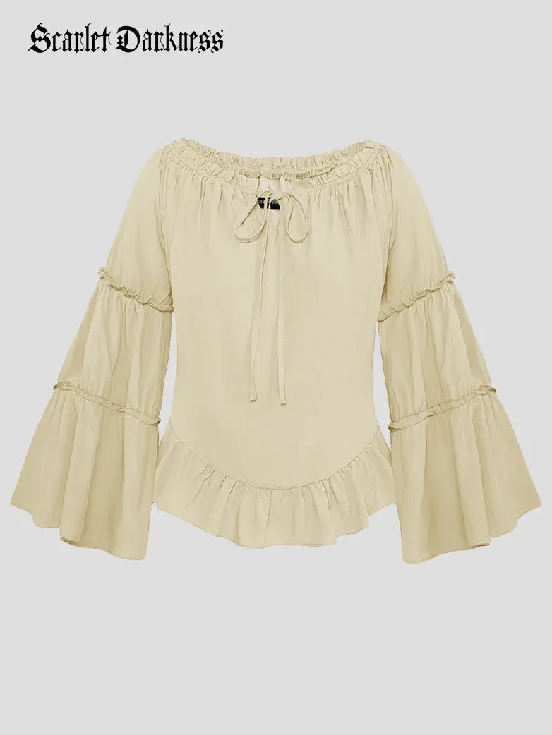 Renaissance Off Shoulder Tops Bell Sleeve Ruffled Hem Tops