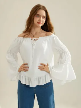 Renaissance Off Shoulder Tops Bell Sleeve Ruffled Hem Tops